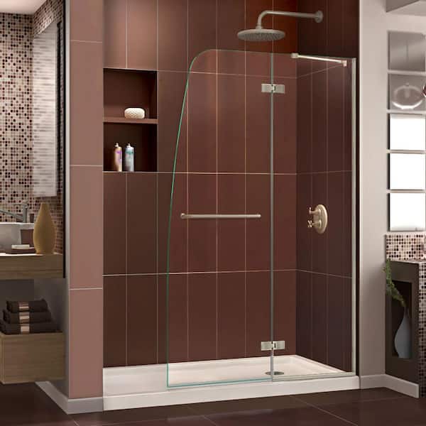 DreamLine Aqua Ultra 60 in. x 74-3/4 in. Frameless Hinged Shower Door in Brushed Nickel with Base in Biscuit