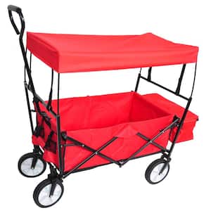 3.66 cu. ft. Red Folding Steel Large Capacity Wagon Garden Cart Shopping Beach Cart with Canopy