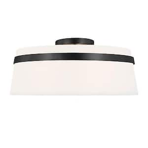 Symphony 15 in. 3 Light Matte Black Semi-Flush Mount with White Fabric Shade