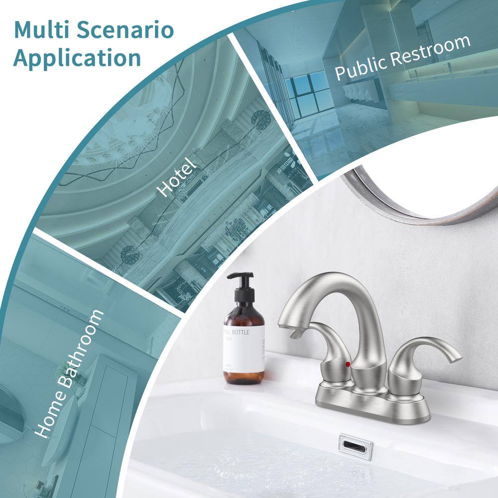 Brushed Nickel 4-Inch Centerset Double Handle Bathroom Faucet with Pop-Up Drain