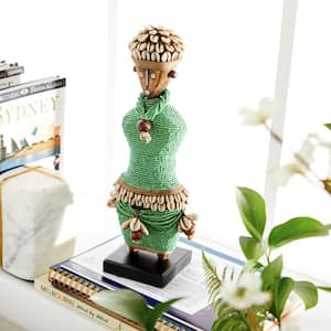 Small Hand-Crafted Pine Wood, Cowrie Shells, Green Beads and Kente Cloth African Woman Namji Doll
