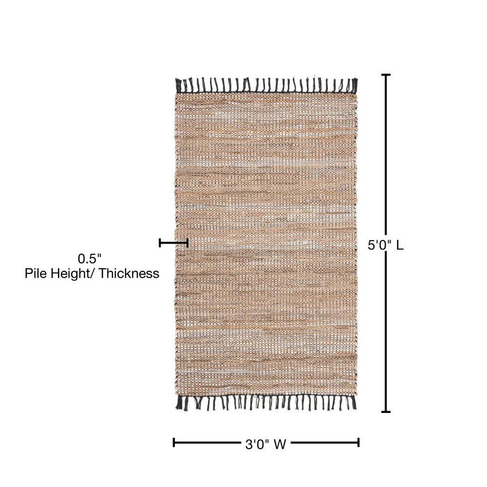 Handwoven Chic Beige Leather 3' x 5' Flatweave Cowhide Rug