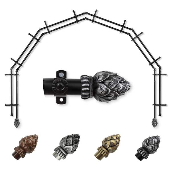 EMOH 13/16" Dia Adjustable 6-Sided Double Bay Window Curtain Rod 28 to 48" (each side) with Jace Finials in Black