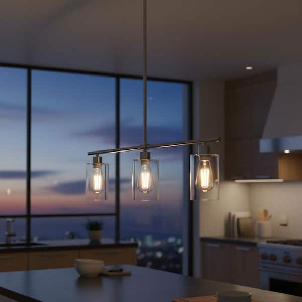 YANSUN 3-Light Chrome Industrial Modern Linear Kitchen Island Pendant with Clear Glass Shades for Dining Table