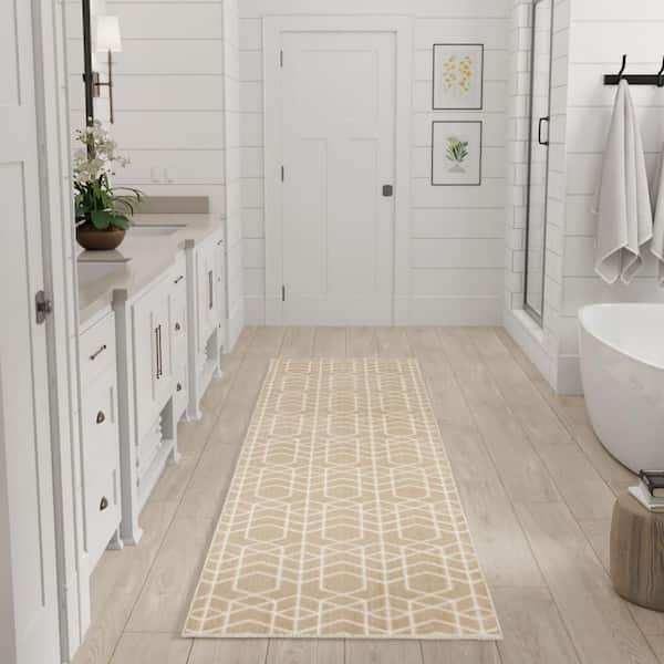 Washable Charm Beige Ivory 2 ft. x 10 ft. Geometric Contemporary Runner Area Rug