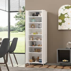 70.9 in. H White Wood Storage Cabinet Bookcase with adjustable Shelves, doors and Wheels