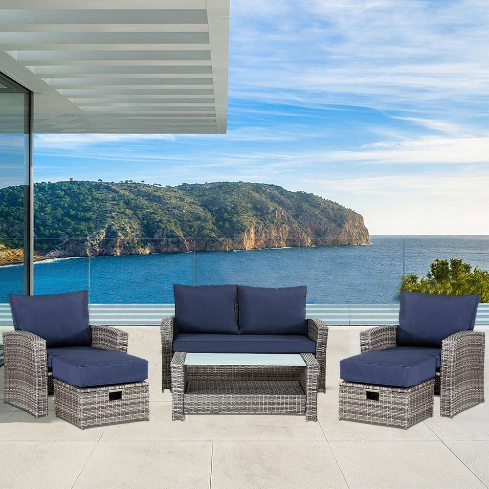 6-Piece Dark Gray Wicker Outdoor Sectional Set with Blue Cushions and Coffe