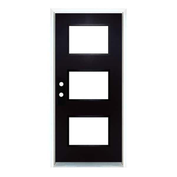 36 in. x 80 in. Right-Hand Inswing 3-Lite Low-E Glass Finished Black Fiberglass Prehung Front Door