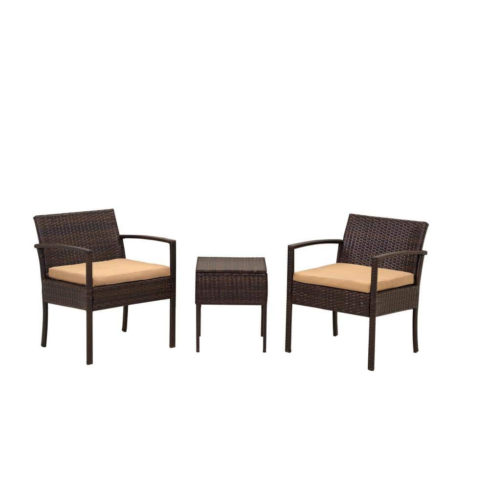 JUSKYS Brown 3-Piece Wicker Outdoor Bistro Set with Tan Cushion