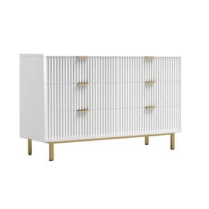 Gold 6-Drawer White Mahogany Wood Dresser with Corrugated Panels
