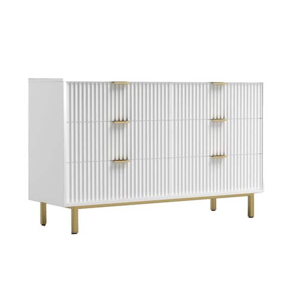 Benjara Gold 6-Drawer White Mahogany Wood Dresser with Corrugated ...