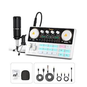 All in One Production Podcast Audio Mixer in White with Special Effects and Microphone for Live Streaming