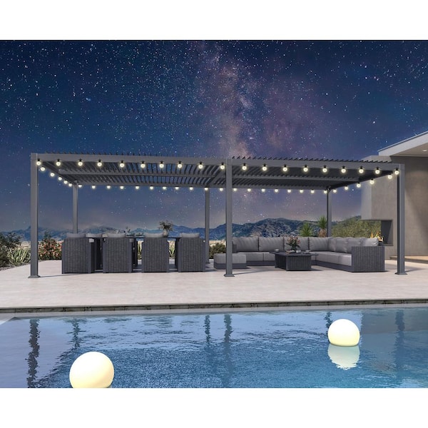 13.1 ft. x 24.9 ft. Gray Aluminum Outdoor Louvered Pergola with 4-Individual Adjustable Roofs and Solar String Lights