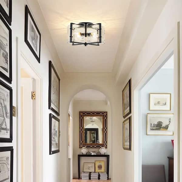 16.73 In. 4-Light Matte Black Modern Ceiling Light Semi-Flush Mount Fixture With Curved Textured Glass Shade