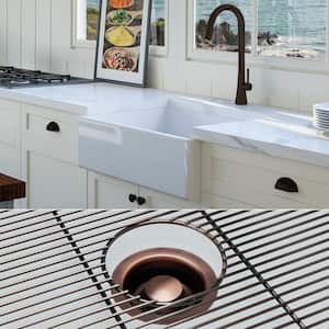 Luxury White Solid Fireclay 26 in. Single Bowl Farmhouse Apron Kitchen Sink with Antique Copper Accs and Flat Front