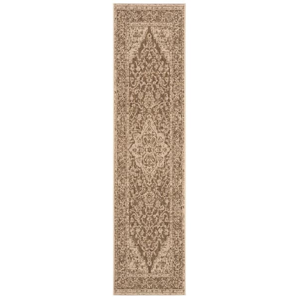Beach House Beige/Cream 2 ft. x 6 ft. Border Floral Indoor/Outdoor Patio  Runner Rug