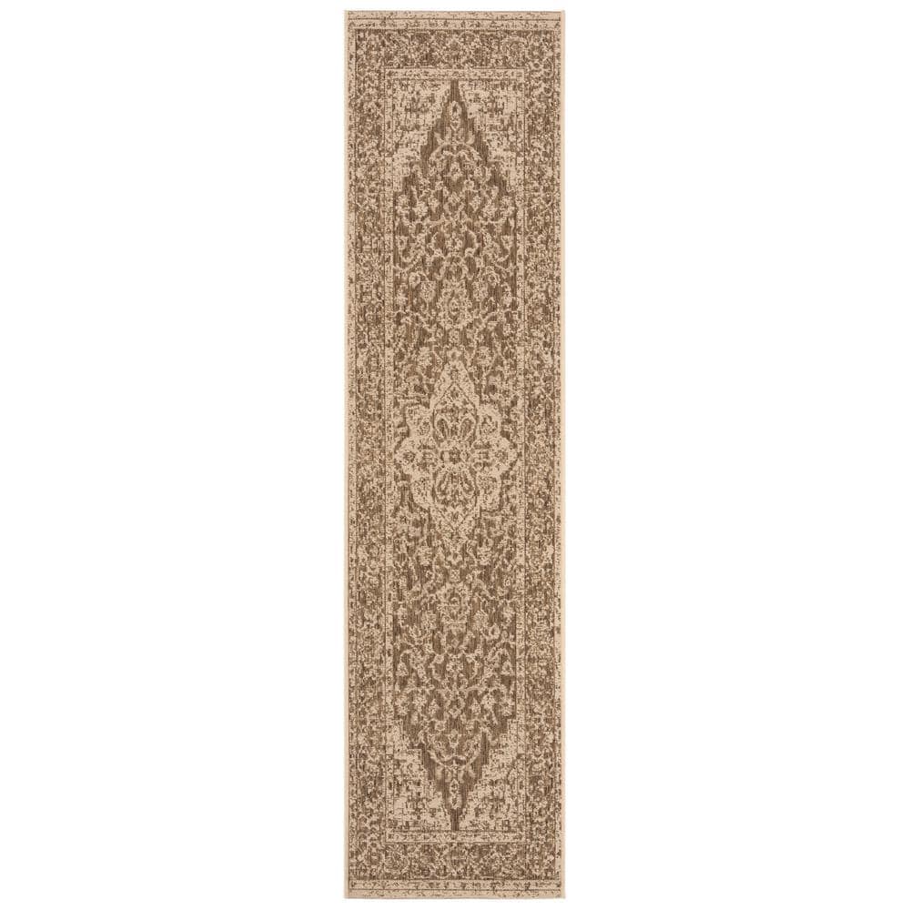 Beige Cream Geometric Synthetic Outdoor Runner Rug 2' x 8'