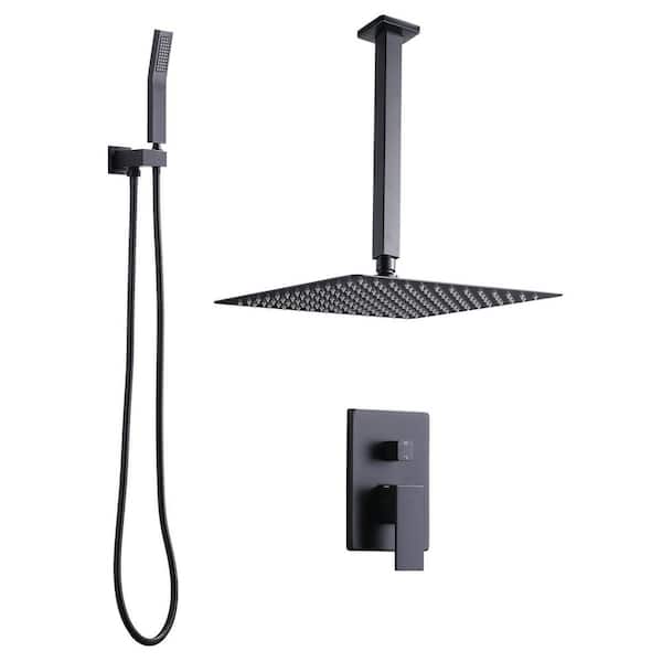 1-Spray 12 in. Dual Shower Head and Handheld Shower Head Ceiling Mount Rain Shower with 1.8-GPM in Matte Black