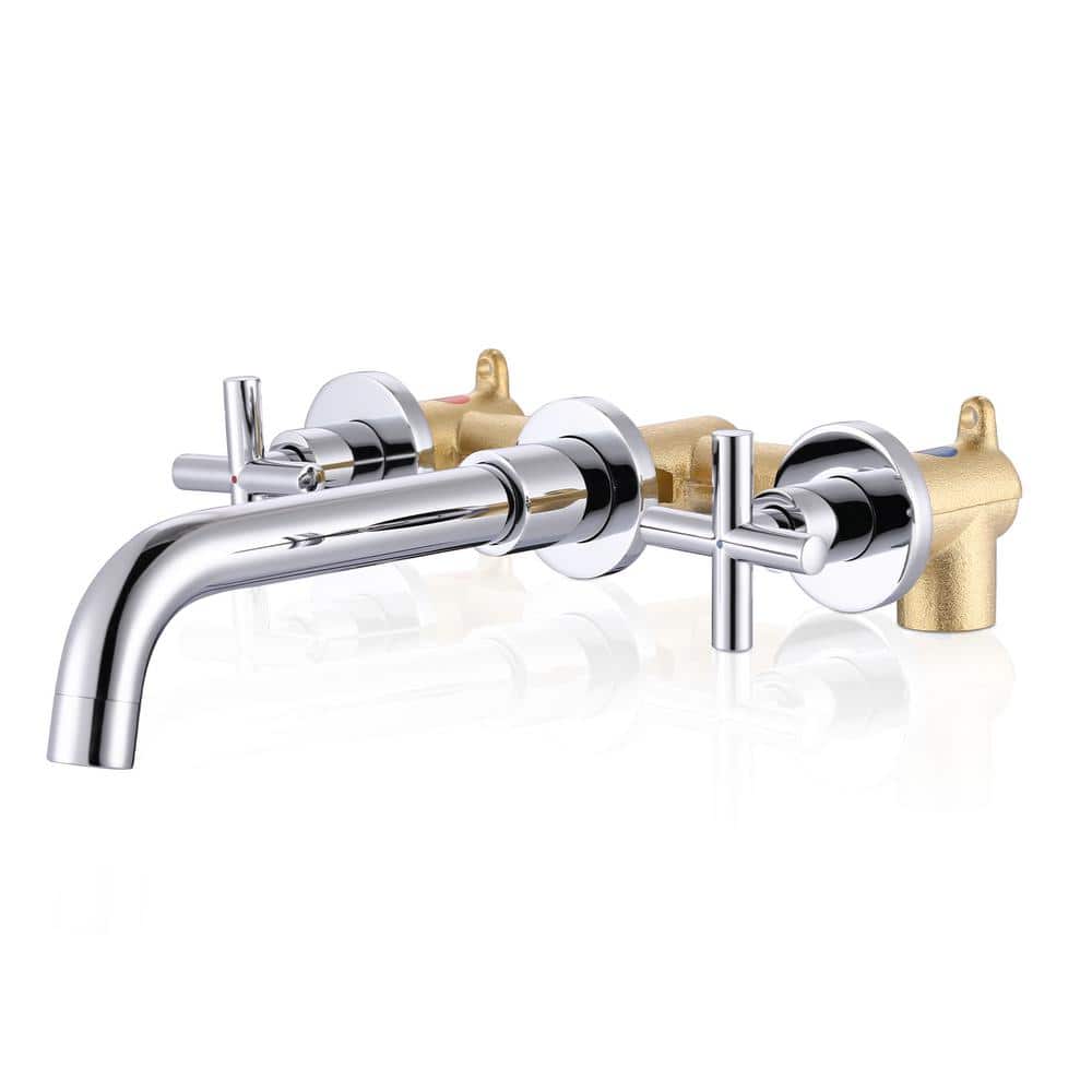 Polished Chrome Wall Mount Double Handle Bathroom Faucet