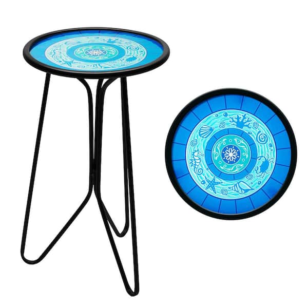 Everyday 12 in. Round Glass Ocean Pattern Outdoor Side Table
