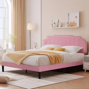 Upholstered Bed Pink Metal+Wood Frame Queen Platform Bed with Tufted Adjustable Headboard/Mattress Foundation