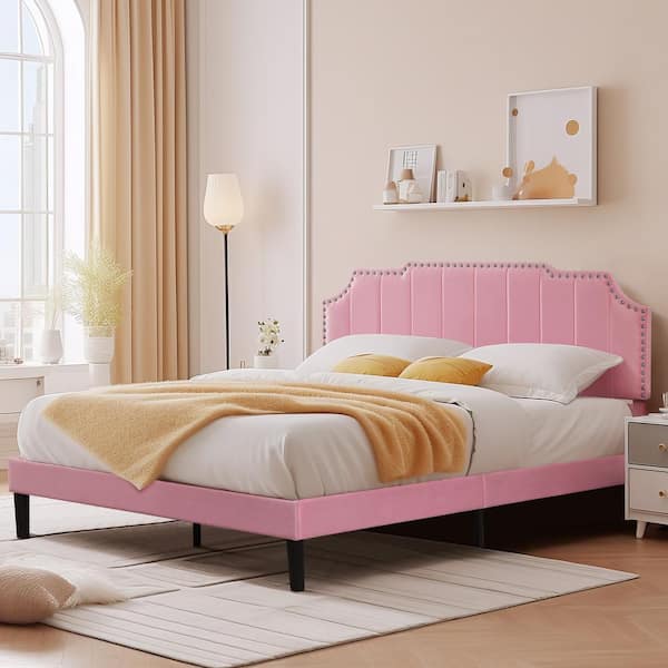 VECELO Upholstered Bed Pink Metal+Wood Frame Queen Platform Bed with Tufted Adjustable Headboard/Mattress Foundation