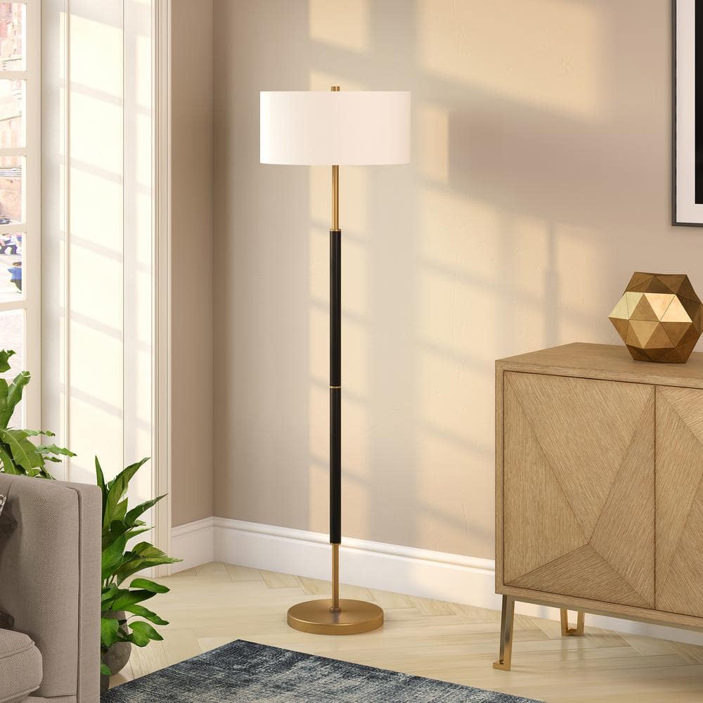 Matte Black and Brass Floor Lamp with White Drum Shade