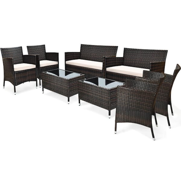 Gymax 8-Piece Rattan Patio Outdoor Furniture Set with Cushioned Chair Loveseat Table with Brown Cushions