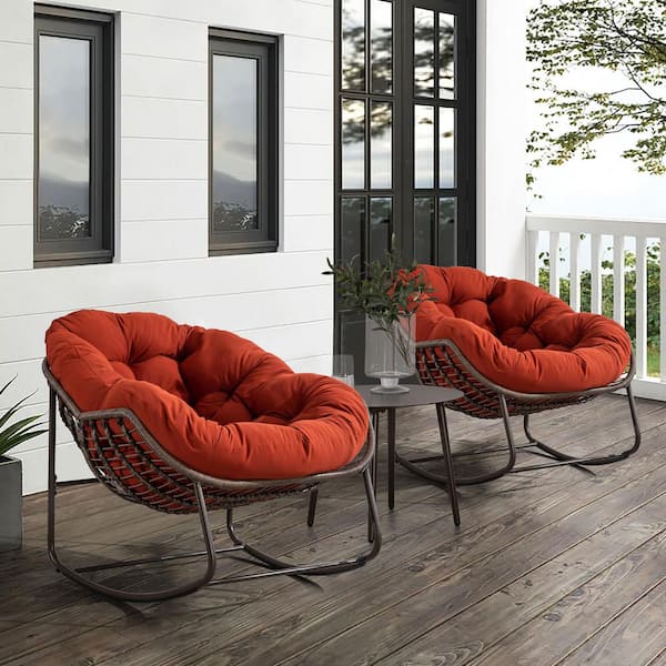 Patio Brown Wicker Outdoor Rocking Chair with 1 Orange Cushion