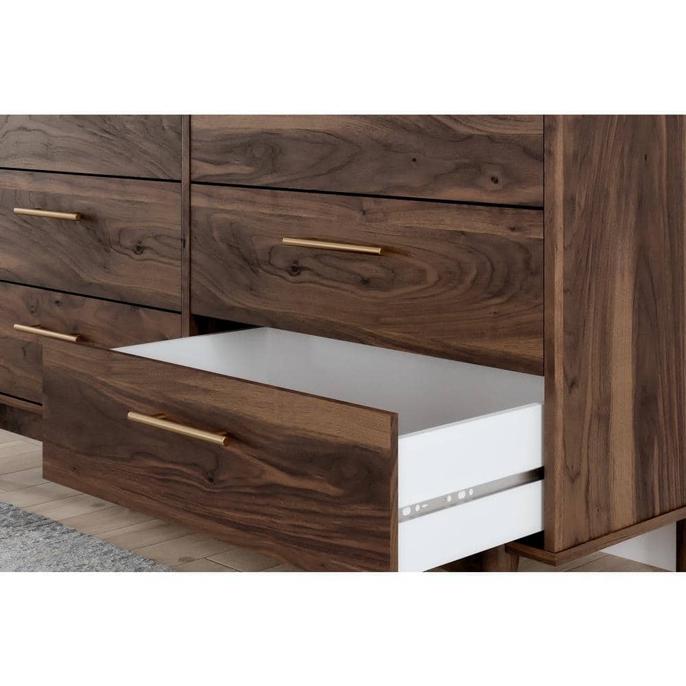 Dark Brown 6-Drawer Walnut Wood Dresser with Goldtone Handles