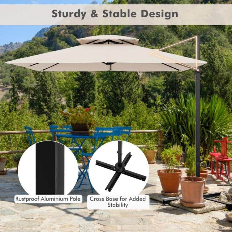 Beige 9.5FT Cantilever Patio Umbrella with 360° Rotation and Double Vented Top