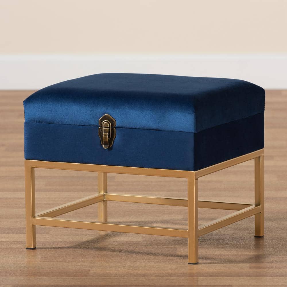 Navy Blue Velvet Tufted Storage Ottoman with Gold Metal Legs