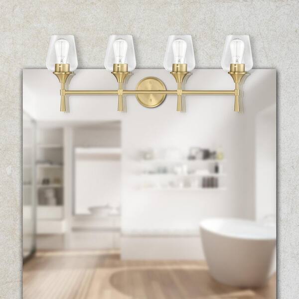 Sunset Lighting Stella 30 In 4 Light Champagne Gold Vanity With Clear Glass Shades F27014 18 The Home Depot Sunset Lighting Stella 30 In 4 Light, Champagne Gold Vanity Light Fixtures