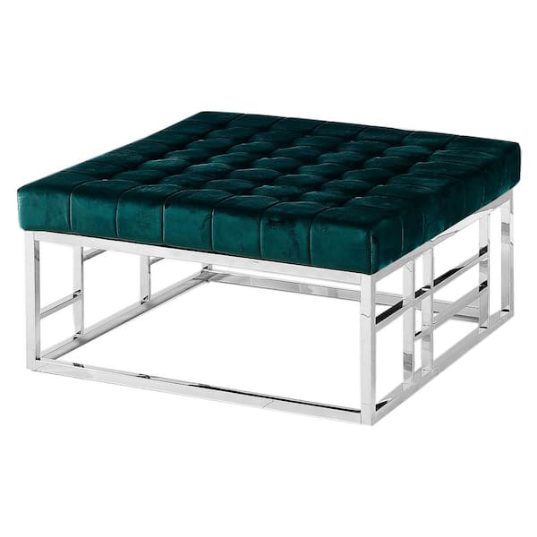 Ratna Tufted Green/Silver Velvet Square Ottoman