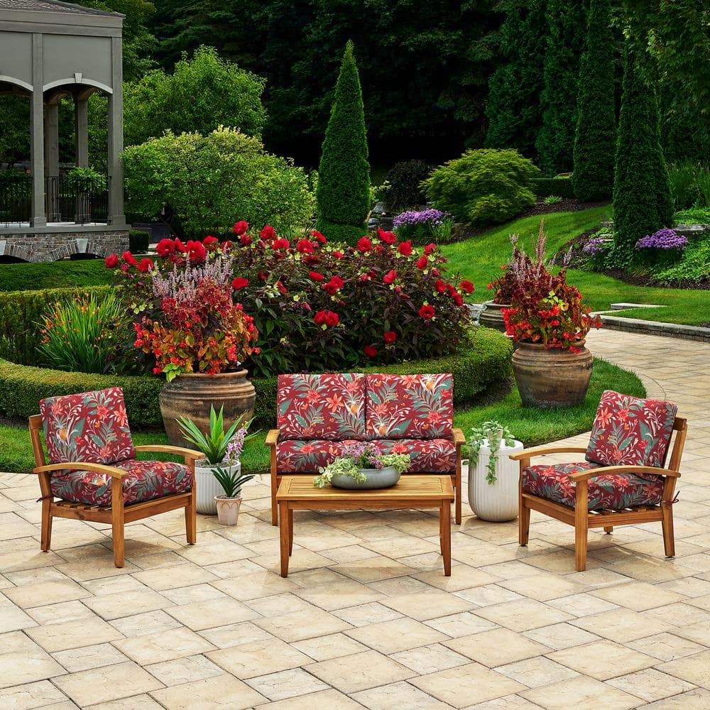 Luau Red Tropical Floral Bamboo and Polyester Outdoor Cushion Set