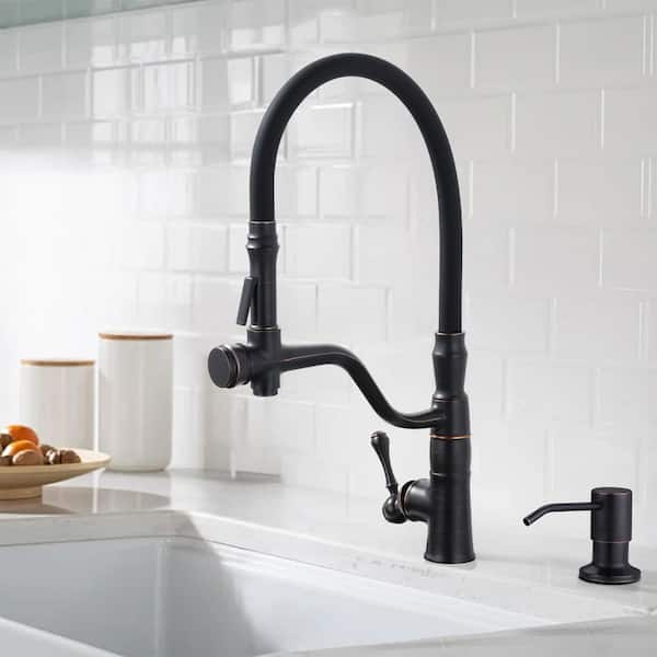 20.4 in. H Single Handle Brass Pull Down Sprayer Kitchen Faucet with 360° Swivel Spout and Soap Dispenser in Bronze
