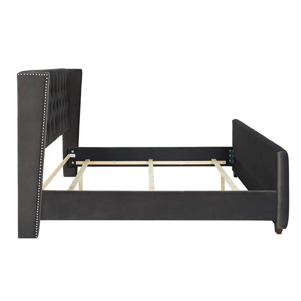 David King Pine Wood Upholstered Tufted Bed with Nailhead Trim