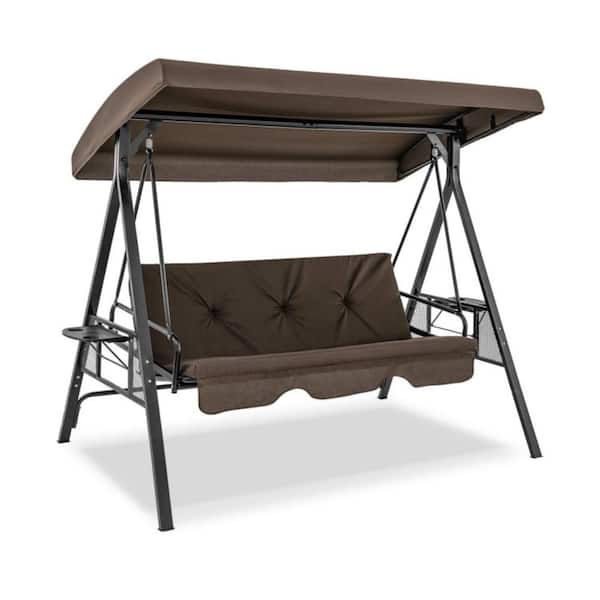 3-Person Patio Swing Chair to Flat Bed with Adjustable Canopy and Brown Cushions