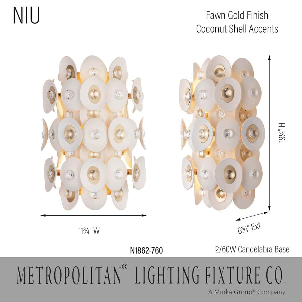 Gold and White Coconut Shell 2-Light Wall Sconce