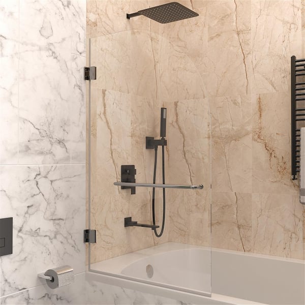 INSTER VENUS 34 in. W x 58 in. H Pivot Frameless Tub Door in Metal Gray Hinges with Clear Glass