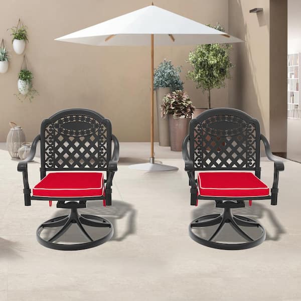 Isabella Swivel Cast Aluminum Patio Outdoor Dining Chair with Red Cushions (2-Pack)