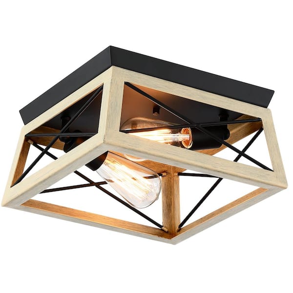 Dawn 12 in. 2-Light Ocean View Oak Flush Mount Ceiling Light Farmhouse Rustic