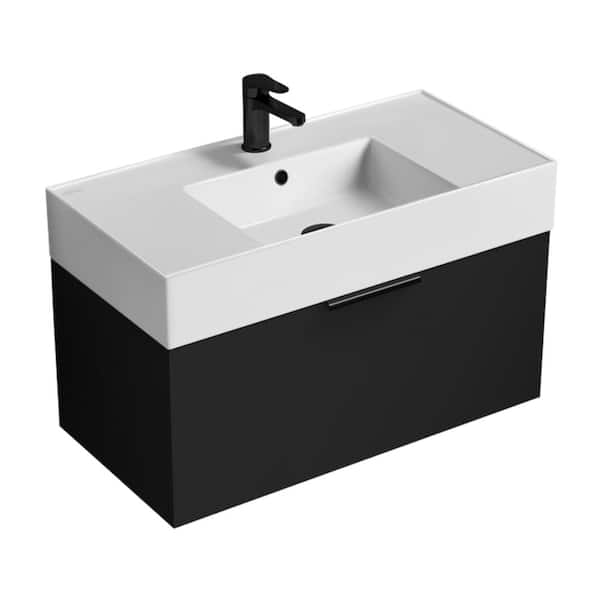 Nameeks Derin 31.9 in. W x 17.4 in. D x 20.47 in. H Modern Bathroom Vanity in Matte Black With White Ceramic Top