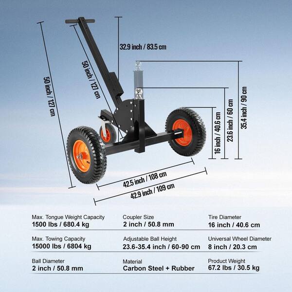 600 Lbs Trailer Dolly – Height Adjustable 16-24 Inch, 1-7/8 Hitch Ball, Solid Rubber Tires, Powder Coated Frame