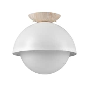 Oswald 10 in. 1-Light Matte White Flush Mount with Faux Wood Accent Canopy and Frosted Glass Shade