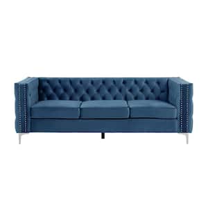 85 in. Square Arm 3-Seater Removable Cushions Sofa in Blue