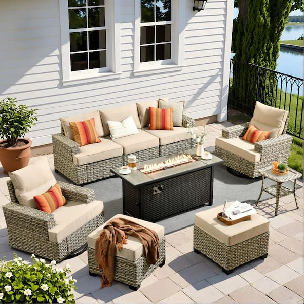 Kelleys 9-Piece Wicker Outdoor Patio Fire Pit Conversation Sofa Furniture Set with Swivel Chairs and Beige Cushions