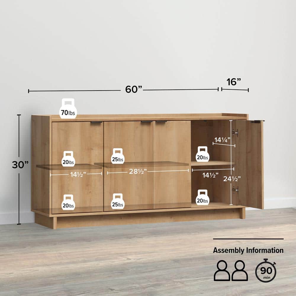 Oak 4-Door Light Wood Accent Cabinet with Adjustable Shelves