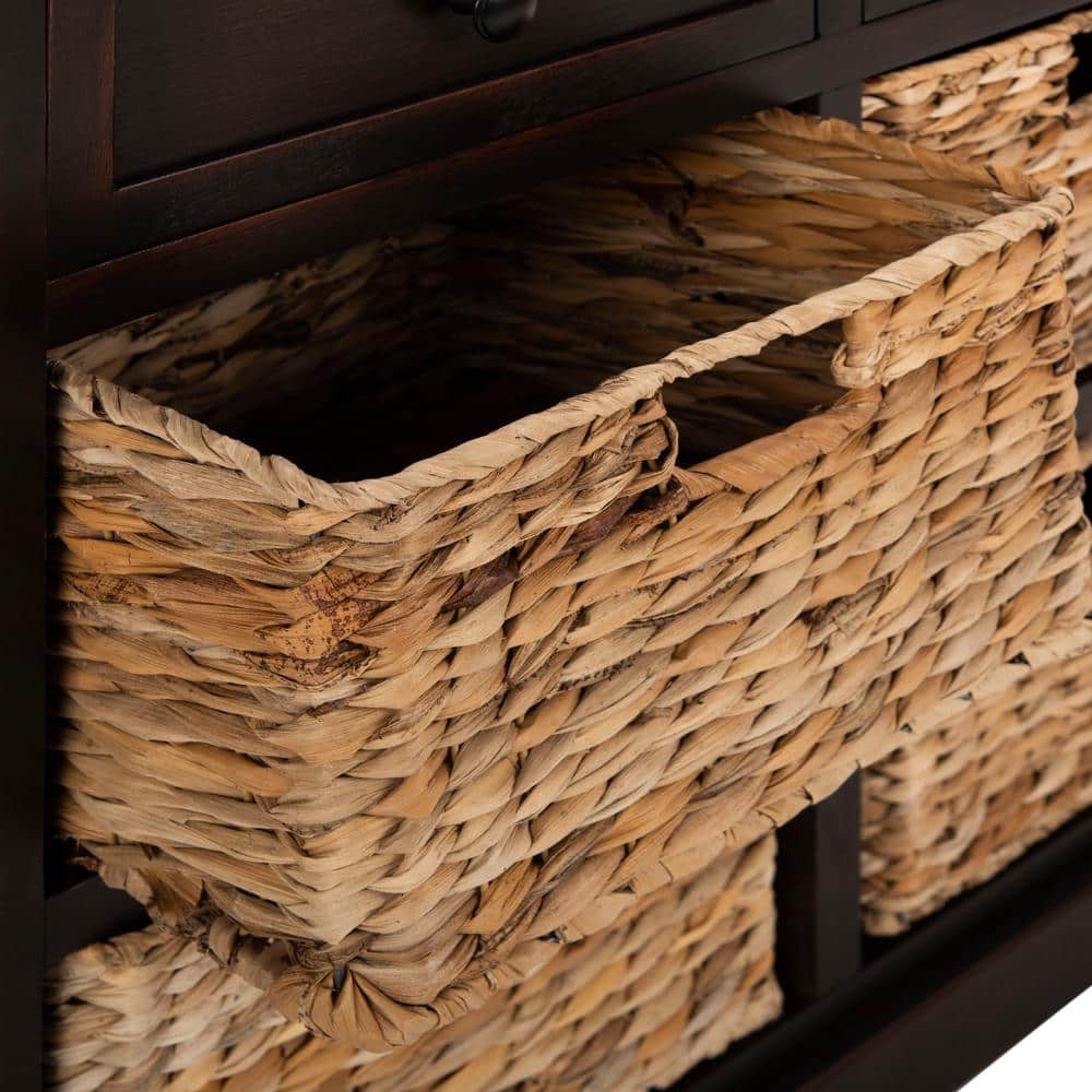 Transitional Pine Wood Storage Unit with 6 Wicker Baskets, Brown