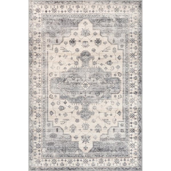 nuLOOM Banks Machine Washable Light Grey 8 ft. x 10 ft. Medallion Area Rug
